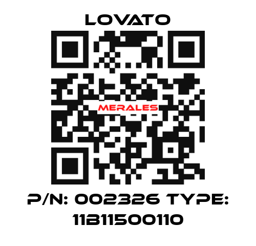 P/N: 002326 Type: 11B11500110 Lovato