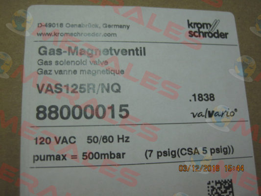 P/N: 88000015 Type: VAS 125R/NQ Dungs