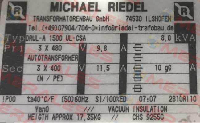 DRUL1500UL-CSA-A 8,0kVA IPXXB Michael Riedel Transformatorenbau