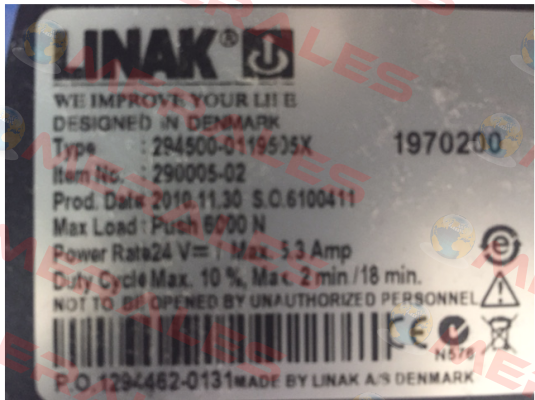 Part N: 290005-02, Type N: 294500-0119505X oem  Linak