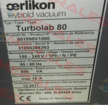P/N:501590V1000  TYPE:Turbolab 80  S/N:31000386363 Leybold