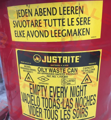 Both labels for OILY WASTE CAN PAT.NO. 1,754,802  Justrite