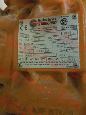Type: MVSI 06/1100-S90  S/N: 020109691 REPLACED BY MVSI 06/1100-S08  Italvibras