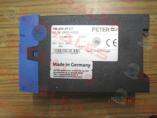 P/N: 29800.40025 Type: VB 400-25 UL, 15s  Peter Electronic
