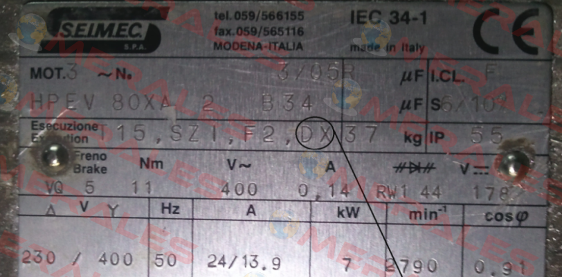 HPEV 80XA 2 230.400V-50Hz B34 (Right threaded shaft end)  Seimec (Rossi)