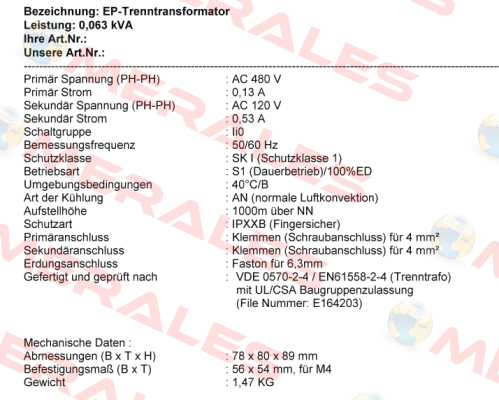 RSTN 63 UL-CSA / 5795660 / Michael Riedel Transformatorenbau
