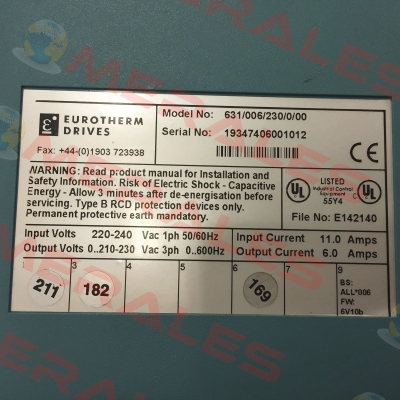 631/006/230/0/00 Serial No: 19347406001012 Eurotherm