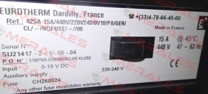 425A 15A/440V/220V240//0V10/PA/GER Replaced by MODEL (EFIT) Single Phase Power Controller Eurotherm