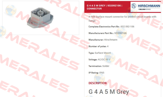 P/N: 932092106, Type: G 4 A 5 M grey Belden (Lumberg / Hirschmann)